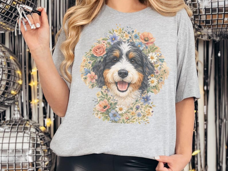 Bernedoodle Tee, Floral Crown Dog Portrait, Custom Pet Art Shirt, Doodle Mama Shirt, Whimsical Animal Print, Pastel Spring Summer Dog Lovers image 5