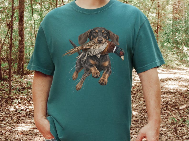 Camiseta de caza de teckel, regalo de caza de faisanes, camiseta de perro salchicha, camiseta de perro de caza de aves, regalo de cazador de tierras altas imagen 2