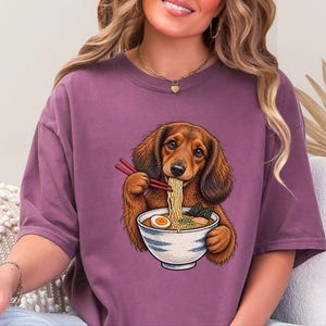 Dachshund Ramen Shirt, Wiener Dog Gift, Long Haired Doxie Tee, Japanese Food Art, Noodle Lover Shirt, Doxie Mom Gift image 2