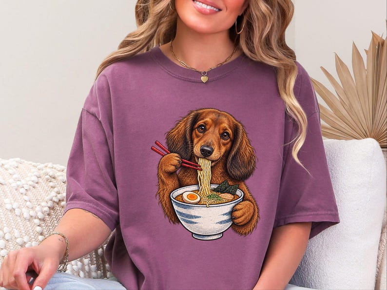 Dachshund Ramen Shirt, Wiener Dog Gift, Long Haired Doxie Tee, Japanese Food Art, Noodle Lover Shirt, Doxie Mom Gift image 2