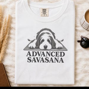 Sheepadoodle Yoga Shirt, Funny Dog Yoga Tee, Advanced Savasana Sweatshirt, Yoga Lover Gift, Mindfulness Shirt, Dog Owner Gift, Workout Top