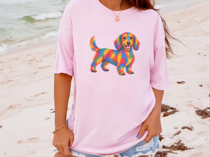 Dachshund Shirt, Rainbow Dog Gift, Colorful Wiener Dog Tee, Doxie Lover Graphic, Sausage Dog Art Shirt, Puppy Owner Present image 3