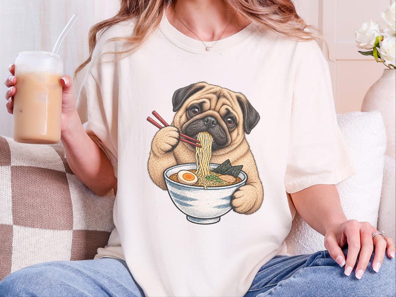 Pug Lover Shirt, Ramen Tee, Noodle Lover Gift, Pug Dad Shirt, Pug Mom Gift, Funny Dog Shirt, Japanese Food Tee, Anime Fan Shirt, Kawaii Food image 7