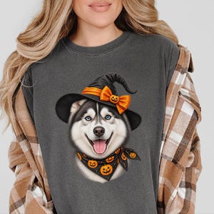 Halloween Husky Shirt, Husky Dog Mom Gift, Spooky Witch Dog Tee, Pet Lover Halloween Shirt image 1