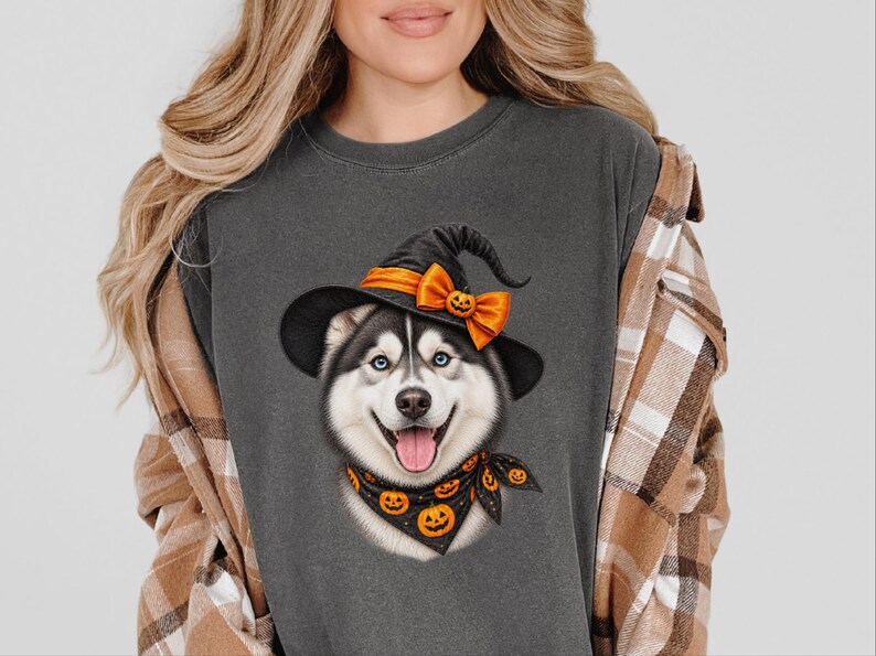 Halloween Husky Shirt, Husky Dog Mom Gift, Spooky Witch Dog Tee, Pet Lover Halloween Shirt image 1