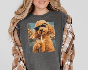 Cockapoo Mom Gift, Caffeine And Dogs Tee, Funny Dog Owner Shirt, Comfort Colors Iced Coffee, Retro Doodle Summer Top, Cute Pup Drink Graphic