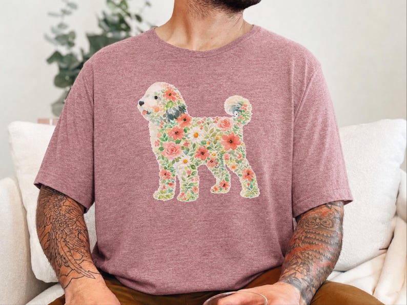 Sheepadoodle T-Shirt, Floral Sheepadoodle Silhouette Art Print, Boho Pet Lover Gift, Whimsical Doodle Art, Dog Mom Present image 3