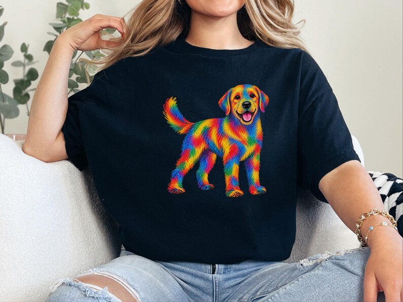 Colorful Dog Shirt, Dog Lover Gift, Golden Retriever Tee, Rainbow Pet Owner Present, Doodle Art Shirt image 3
