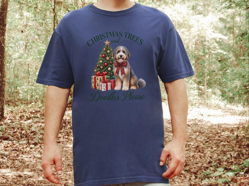 Aussiedoodle jultröja, julklapp för husdjursälskare, julgranar och klotter tack, hundmamma-tröja, festlig valptröja bild 4