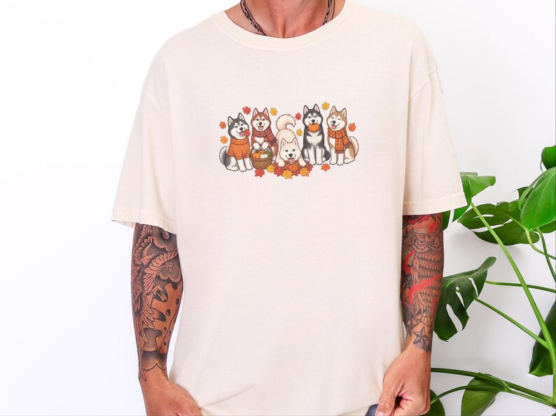 Autumn Dog Shirt, Husky Lover Gift, Fall Huskies Gathering Sweatshirt, Siberian Husky Dad Tee, Cute Puppy Pumpkin Fall Apparel afbeelding 5
