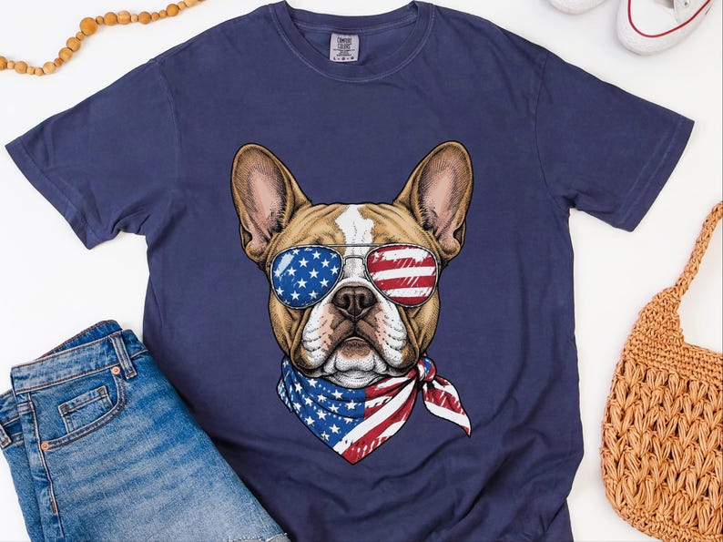 Comfort Colors Patriotic French Bulldog Sunglasses Shirt, Independence Day Anniversary Frenchie Dog Dad Tee, Patriotic Dog Gift immagine 3