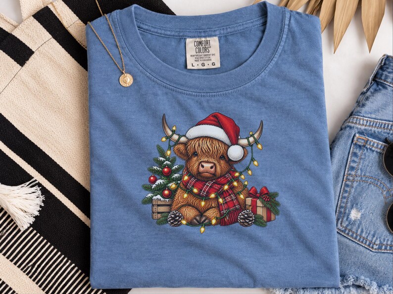 Highland Cow Christmas Shirt, Festive Highland Cow Gift, Christmas Lights Crewneck, Holiday Animal Sweater image 1