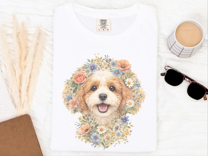 Camiseta Comfort Colors com estampa floral para cachorro, estampa de rosto de Cavapoo | Retrato moderno de pet para mães de cachorro | Arte vintage de animais, presente para donos, camiseta com estampa de rosto de pet imagem 2