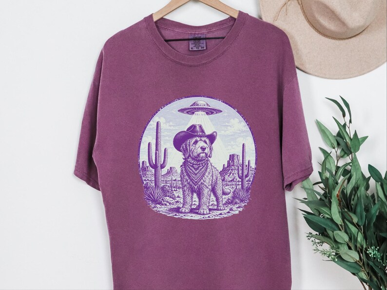 Comfort Colors Cowboy Retro Labradoodle Sweatshirt | Vintage Goldendoodle UFO Crewneck | Southwestern Extraterrestrial Abduction Space image 2