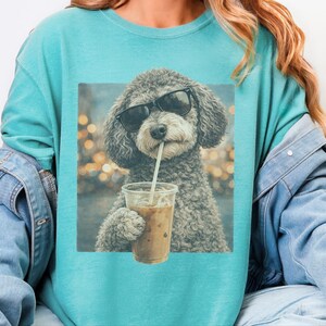Comfort Colors Schnoodle Lover Iced Coffee Dog Shirt, Dog Drinking Coffee Tee, Schnoodle Mom Dad Gift, Cute Doodle Graphic Top, T-shirt image 5