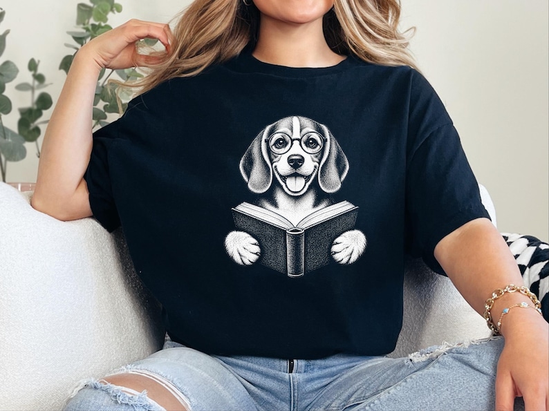 T-shirt Beagle, Cadeau pour amoureux des Beagles, T-shirt pour passionnés de lecture, T-shirt pour lecteurs et bibliophiles, T-shirt avec un chien qui lit, T-shirt bibliothèque, T-shirt livres image 1