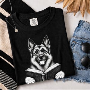 Bookish Dog Tee, German Shepherd Mom Gift, Dog Lover Book Tee, Library Shirt, German Shepherd Dad Gift, Reading Teacher Shirt image 3