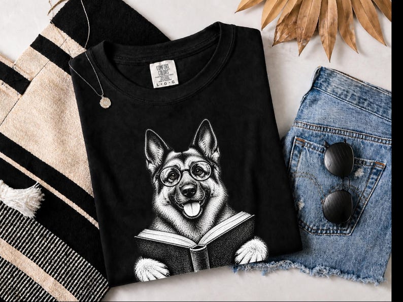 Bookish Dog Tee, German Shepherd Mom Gift, Dog Lover Book Tee, Library Shirt, German Shepherd Dad Gift, Reading Teacher Shirt image 3