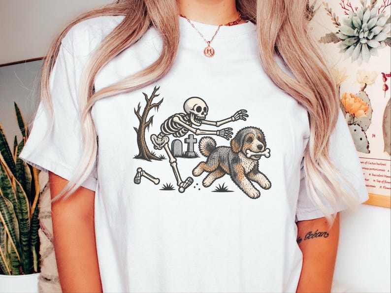 Skeleton Dog Shirt, Aussiedoodle Halloween Shirt, Spooky Dog Tee, Dog Lover Gift, Funny Skeleton Shirt image 3