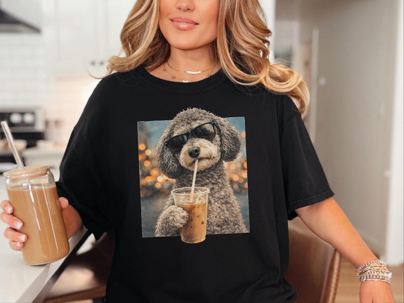 Comfort Colors Schnoodle Lover Iced Coffee Dog Shirt, Dog Drinking Coffee Tee, Schnoodle Mom Dad Gift, Cute Doodle Graphic Top, T-shirt image 4