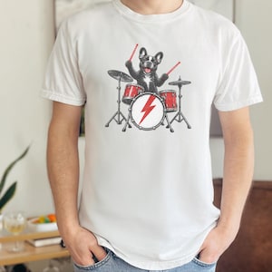 French Bulldog Shirt, Drummer Gift Idea, Rock Dog Shirt, Frenchie Graphic Tee, Percussionist Gift, Music Lover Shirt, Band Merch Tee image 1
