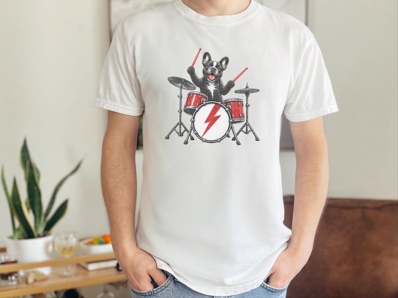 French Bulldog Shirt, Drummer Gift Idea, Rock Dog Shirt, Frenchie Graphic Tee, Percussionist Gift, Music Lover Shirt, Band Merch Tee image 1