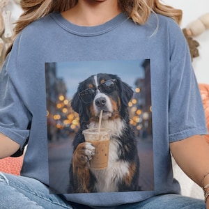Comfort Colors Bernese Mountain Dog Iced Coffee Shirt, Cool Dog Drinking Coffee Tee, Berner Mom Dad Gifts, Summer Vacation Dog Lover Graphic image 8