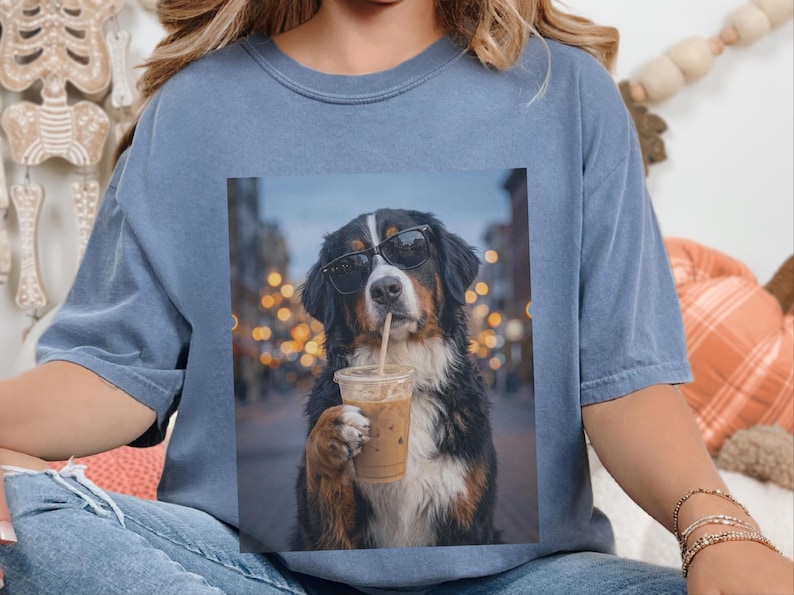 Comfort Colors Bernese Mountain Dog Iced Coffee Shirt, Cool Dog Drinking Coffee Tee, Berner Mom Dad Gifts, Summer Vacation Dog Lover Graphic image 8