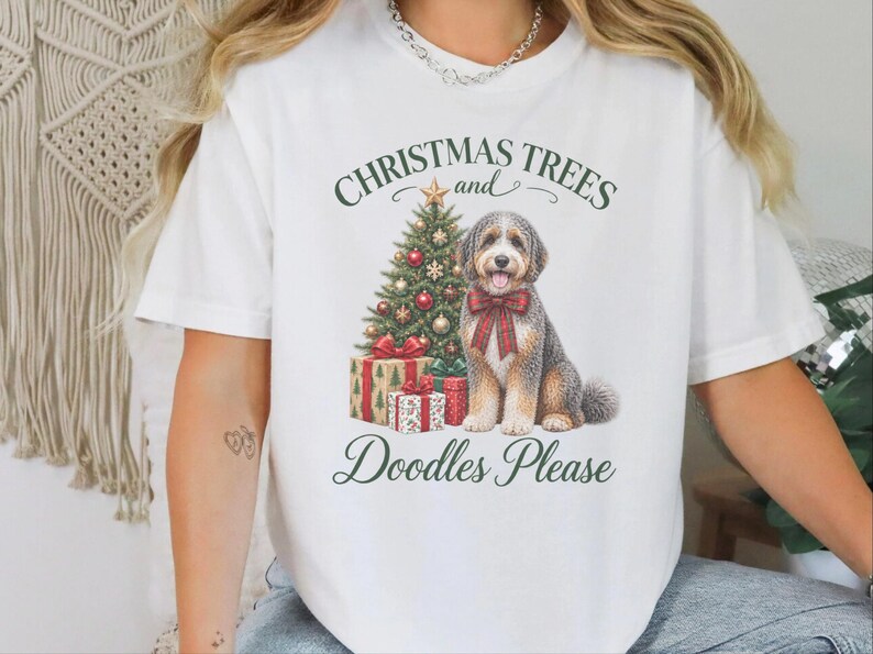 Aussiedoodle jultröja, julklapp för husdjursälskare, julgranar och klotter tack, hundmamma-tröja, festlig valptröja bild 2