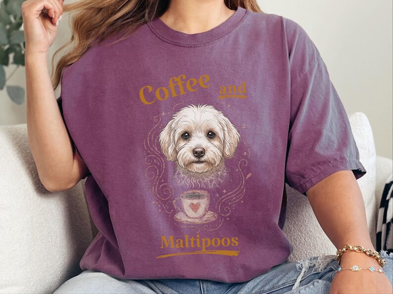 Comfort Colors Maltipoo Mom Shirt, Coffee And Maltipoos Tee, Dog Mama Gift, Vintage Dog Lover Tee, Maltese Poodle Mix, Cozy Tea Lover image 2
