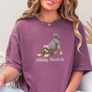 Può includere: Una t-shirt a maniche corte color prugna con la grafica di un cane grigio e marrone in posizione di gioco. Sotto il cane, il testo bianco recita Biiiiig Stretch. La maglietta presenta un girocollo e una vestibilità ampia e rilassata.