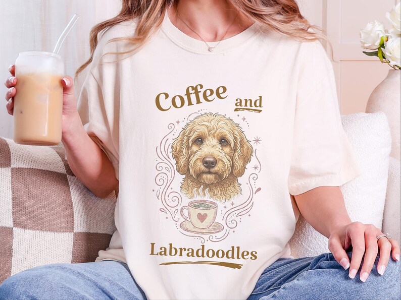 Comfort Colors Labradoodle Shirt Coffee And Labradoodles, Golden Doodle Dog Art Print, Doodle Mom Dad Sweatshirt, Whimsical Pet Art image 9