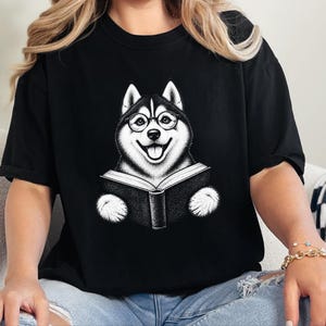 Husky Reading Shirt, Husky Dog Gift, Bookish Dog Tee, Dog Reading Shirt, Husky Mom Gift image 2