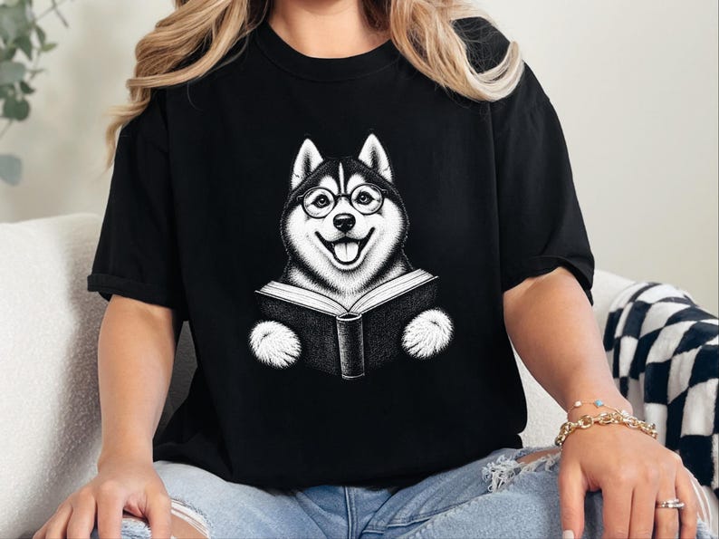 Husky Reading Shirt, Husky Dog Gift, Bookish Dog Tee, Dog Reading Shirt, Husky Mom Gift image 2