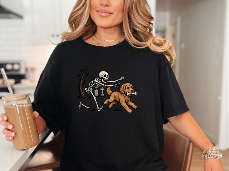 Goldendoodle Dog Shirt, Halloween Goldendoodle Gift, Skeleton Dog Tee, Spooky Dog Lover Shirt, Funny Skeleton Art, Goldendoodle Dad Gift image 1