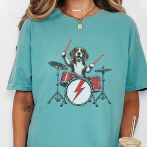 Beagle Shirt, Beagle Drummer Gift, Rock Dog Music Lover Tee, Drummer Dad Shirt, Funny Beagle Lover Gift, Retro Rock Band Shirt image 2