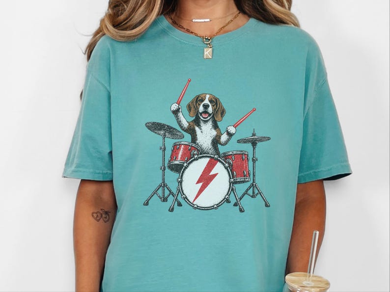 Beagle Shirt, Beagle Drummer Gift, Rock Dog Music Lover Tee, Drummer Dad Shirt, Funny Beagle Lover Gift, Retro Rock Band Shirt image 2