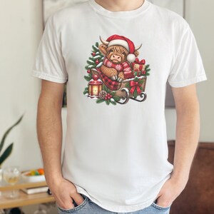 Christmas Highland Cow Sweatshirt, Santa Cow Holiday Gift, Festive Farm Animal Shirt, Winter Cow Lover Tee image 1