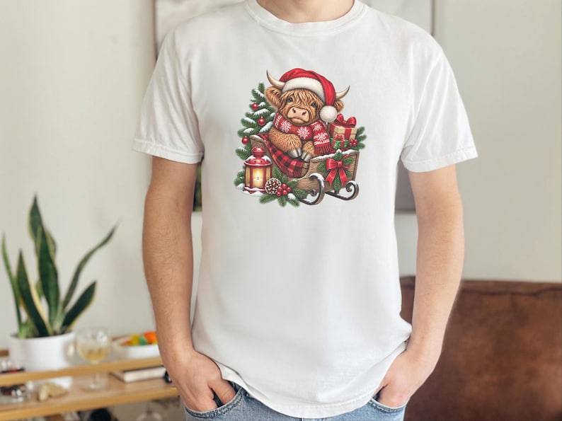 Christmas Highland Cow Sweatshirt, Santa Cow Holiday Gift, Festive Farm Animal Shirt, Winter Cow Lover Tee image 1