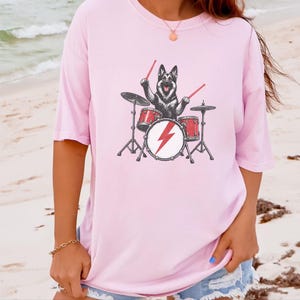 German Shepherd Rock Drummer Shirt, Heavy Metal Dog Lover Gift, Rock Music Fan Tee, Drum Kit Player Present, Band Member Shirt image 8