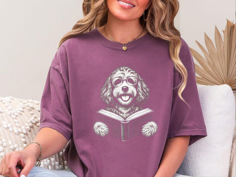 Bookish Dog Tee, Cavapoo Mom Gift, Reading Animal Art, Cavapoo Shirt, Dog Lover Book Tee image 3