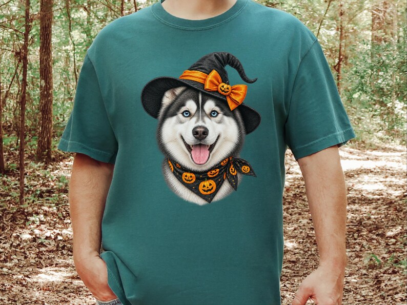 Halloween Husky Shirt, Husky Dog Mom Gift, Spooky Witch Dog Tee, Pet Lover Halloween Shirt image 9
