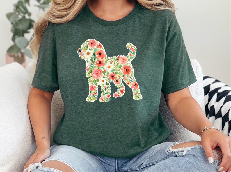 Doodle Dog Gift, Golden Doodle Floral Silhouette Shirt, Modern Pet Portrait Cottagecore Art, Wildflower Dog Mom., Goldendoodle Dog image 6