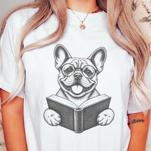 French Bulldog Reading Shirt, Bookish Dog Tee, Frenchie Mom Gift, Dog Lover Book Tee, Vintage French Bulldog Shirt image 9
