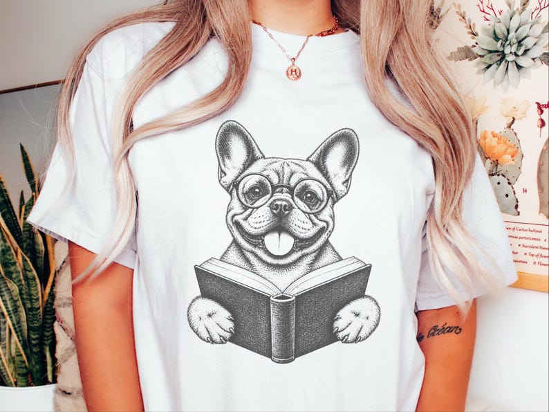French Bulldog Reading Shirt, Bookish Dog Tee, Frenchie Mom Gift, Dog Lover Book Tee, Vintage French Bulldog Shirt image 9