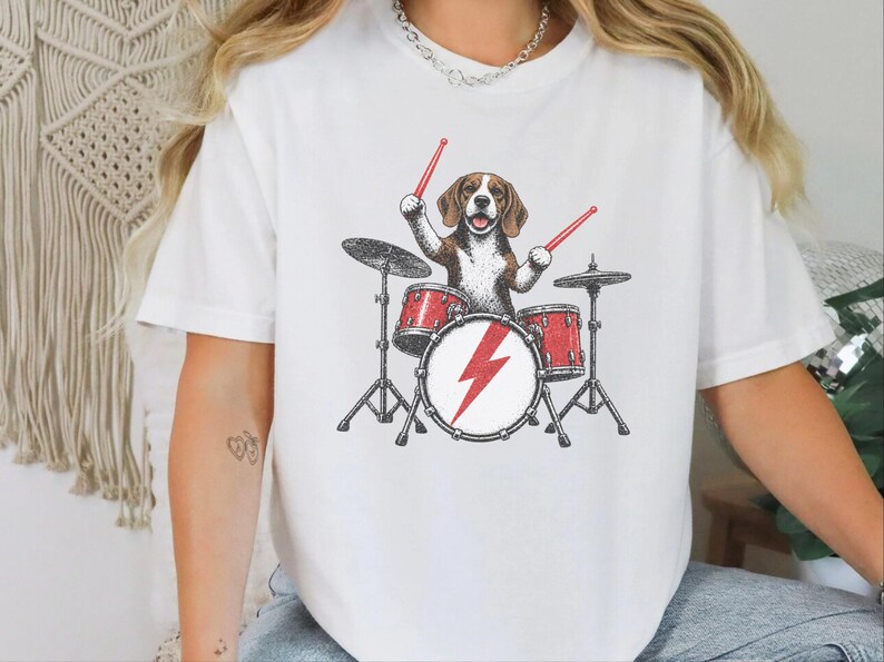Beagle Shirt, Beagle Drummer Gift, Rock Dog Music Lover Tee, Drummer Dad Shirt, Funny Beagle Lover Gift, Retro Rock Band Shirt image 3