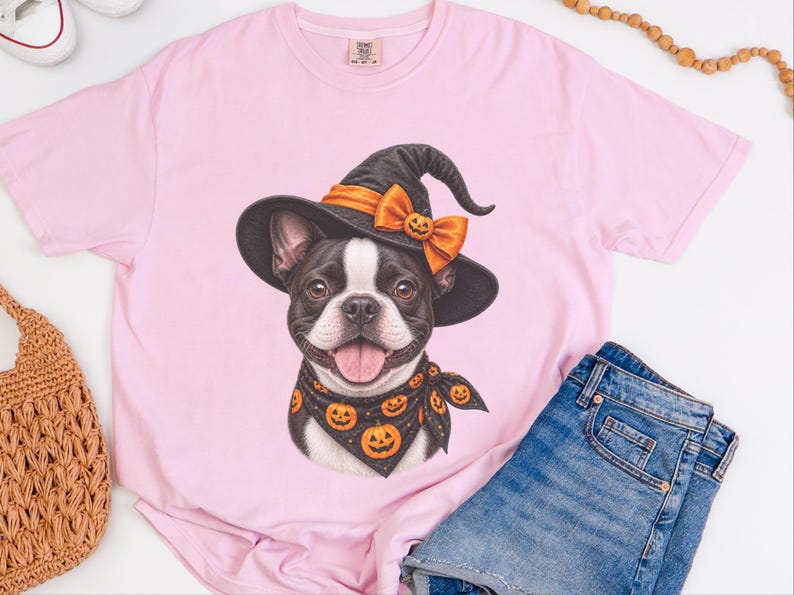 Camiseta de Halloween com Boston Terrier, Presente Assustador para Mãe de Cachorro, Camiseta para Dono de Cachorro Bruxo imagem 1