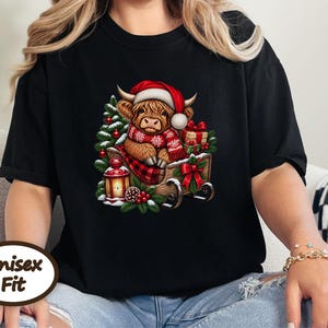 Christmas Highland Cow Sweatshirt, Santa Cow Holiday Gift, Festive Farm Animal Shirt, Winter Cow Lover Tee image 10