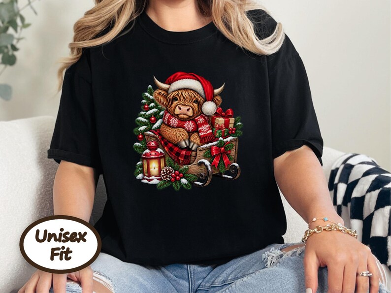 Christmas Highland Cow Sweatshirt, Santa Cow Holiday Gift, Festive Farm Animal Shirt, Winter Cow Lover Tee image 10