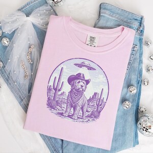 Comfort Colors Cowboy Retro Labradoodle Sweatshirt | Vintage Goldendoodle UFO Crewneck | Southwestern Extraterrestrial Abduction Space image 10